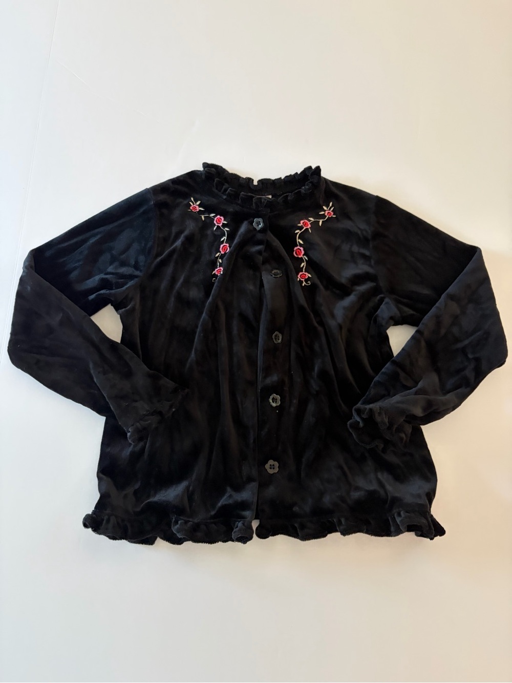 McKids Vintage Black Velvet Button down Cardigan Floral Embroidery Girls Size 6
